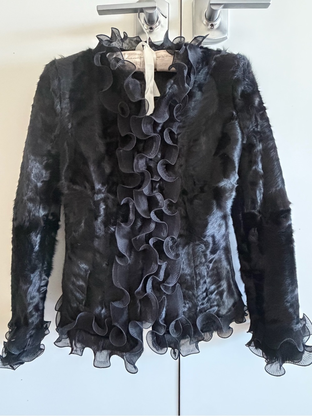 Giorgio Armani Black Ruffle-Trim Faux Fur Blazer